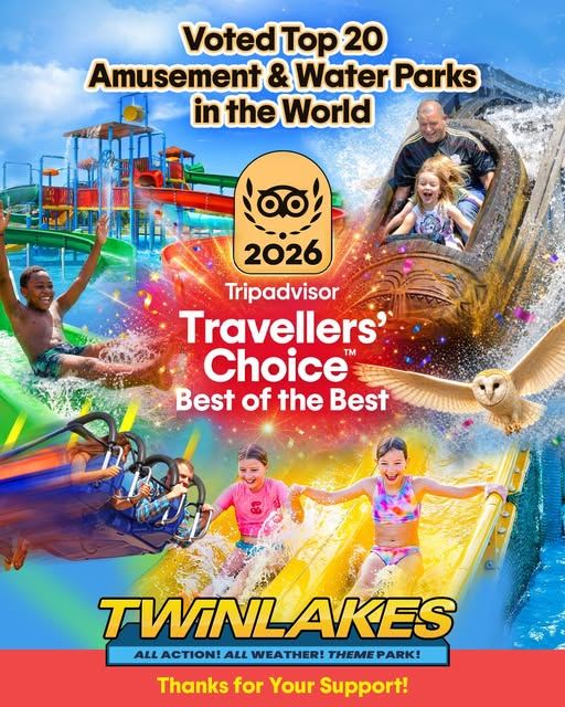🌍🏆 WORLD‑CLASS NEWS FOR MELTON! 🏆🌍

We’re incredibly proud to share that Twinlakes Park, right here in Melton Mowbray, has been awarded Tripadvisor’s Travellers’ Choice – Best of the Best for Amusement & Water Parks (World)! 🎢💦

This is Tripadvisor’s highest possible award, placing Twinlakes in the top 1% of attractions worldwide, based entirely on reviews and ratings from visitors across the globe. ⭐⭐⭐⭐⭐

From thrilling rides and splash‑tastic water fun to indoor play zones and family‑friendly attractions, Twinlakes continues to show why Melton is a must‑visit destination for families.

Huge congratulations to the Twinlakes team on this outstanding achievement - and what a win for Melton! 👏

📍 Have you visited Twinlakes? Share your favourite memories below!

#visitleicester #twinlakes #meltonmowbray #daysoutwiththekids #discovermelton