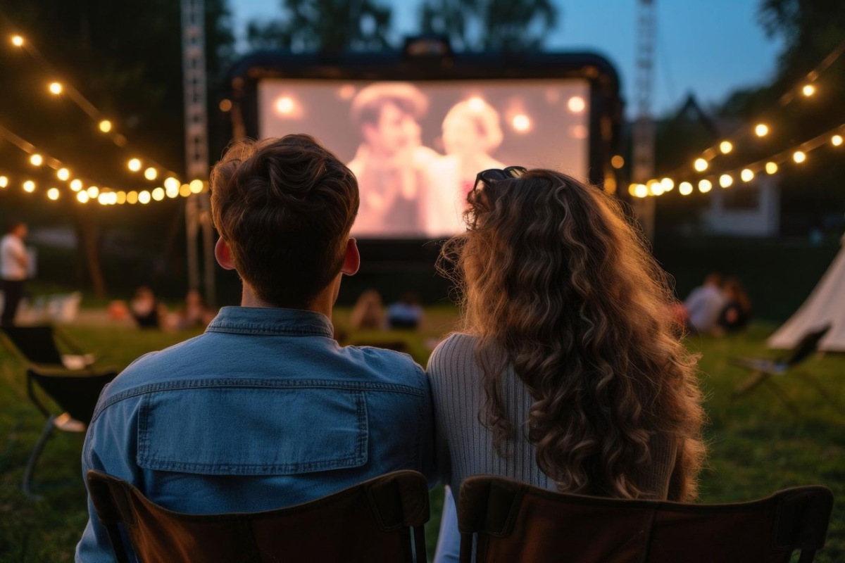 wo people sit side by side on folding chairs in an outdoor cinema, facing a large movie screen at dusk. String lights hang overhead, with other chairs and small groups spread across a grassy area, creating an open-air film screening setting.