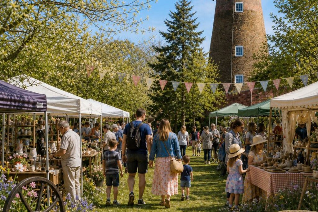 Outdoor craft market with rows of white and green stalls displaying handmade items, people walking along a grassy path, bunting strung overhead, and a tall stone windmill with a white cap rising above trees under a clear blue sky.