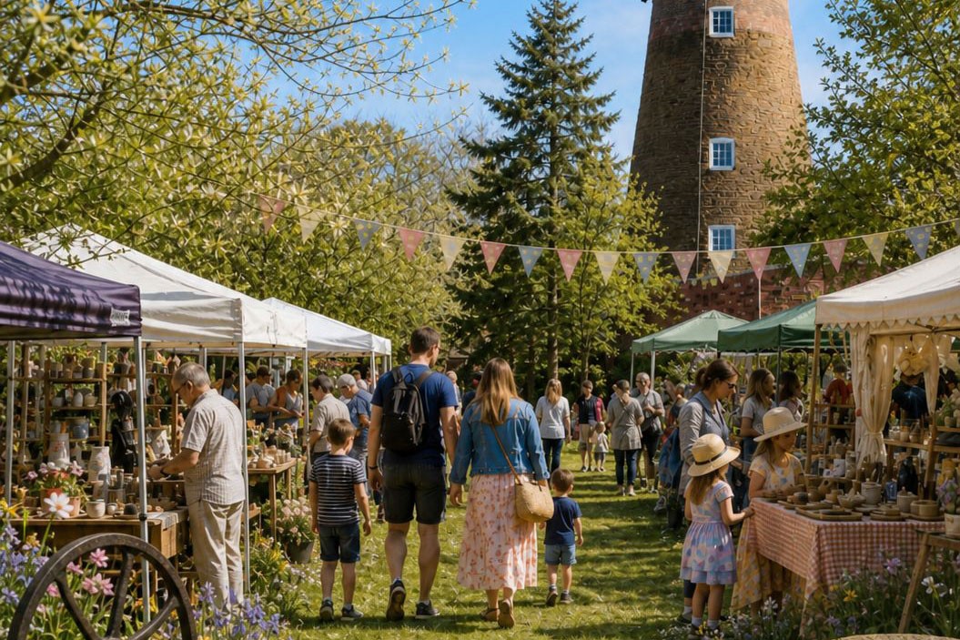 Outdoor craft market with rows of white and green stalls displaying handmade items, people walking along a grassy path, bunting strung overhead, and a tall stone windmill with a white cap rising above trees under a clear blue sky.