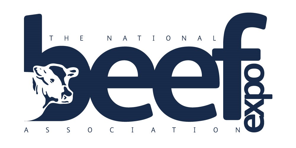 Logo for The National Beef Association Expo, featuring the word “beef” in dark blue lowercase letters with a stylised cow’s head integrated into the letter “b,” the word “expo” stacked vertically on the right, and “The National” above with “Association” below on a white background.
