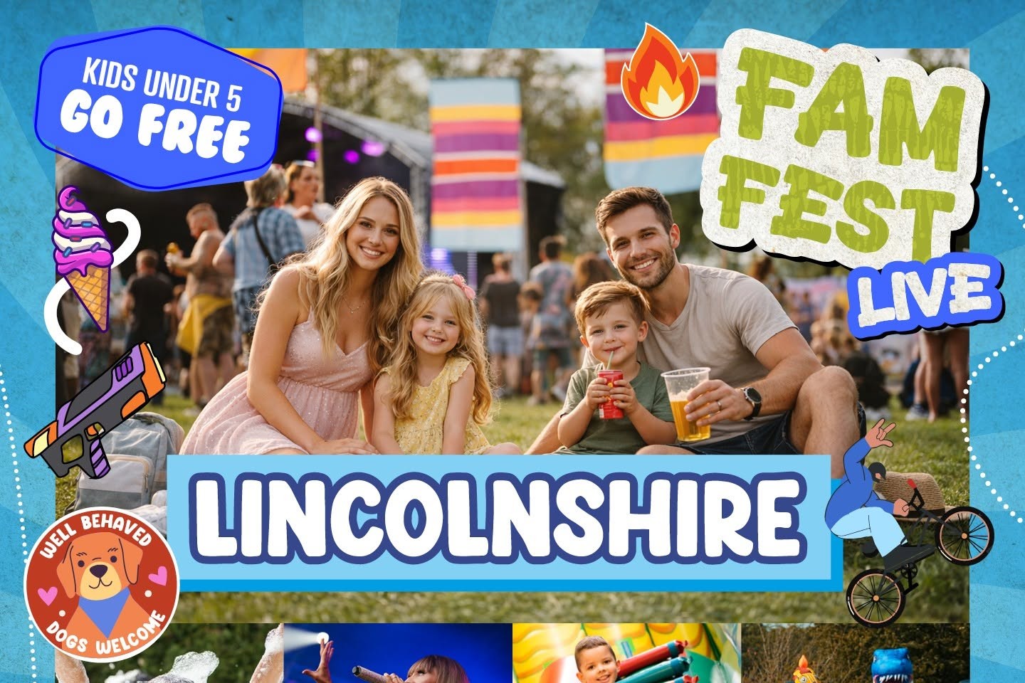 Poster for “FamFest Live” in Lincolnshire featuring a family at an outdoor festival with kids’ activities, live music, rides, and free entry for under 5s.