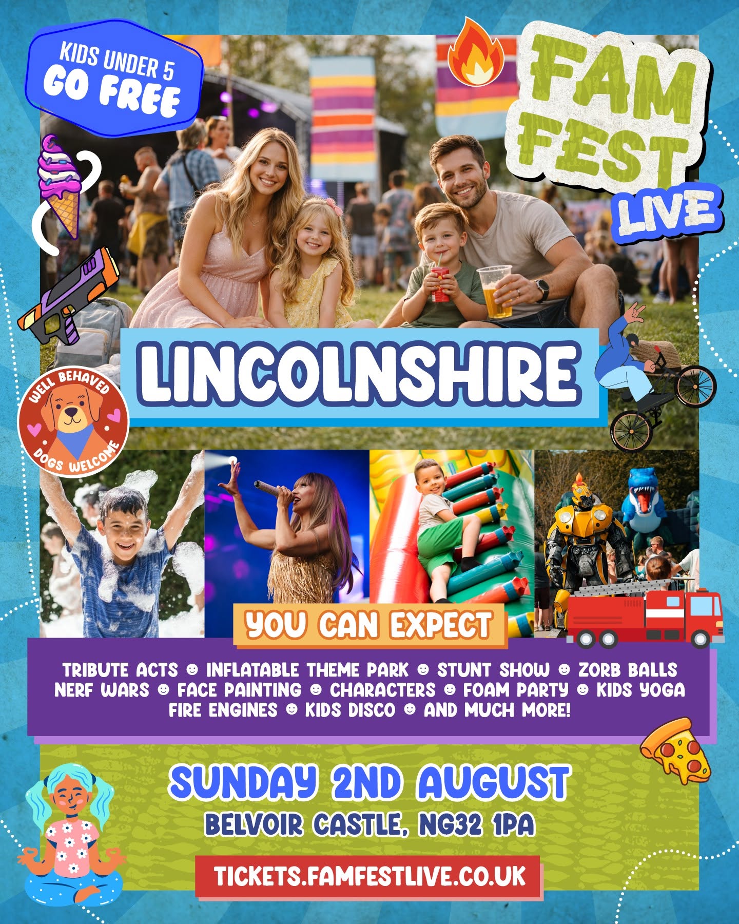 Poster promoting “FamFest Live” at Belvoir Castle on Sunday 2nd August, featuring family activities, rides, live entertainment, and free entry for under-5s.