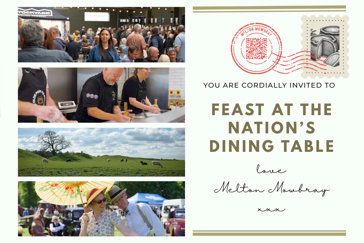 Town of Culture postcard Invitation postcard featuring four photos (a crowded indoor event, food preparation, grazing sheep in fields, and a vintage fair scene) alongside the text “You are cordially invited to Feast at the Nation’s Dining Table – love Melton Mowbray.”