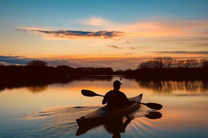 Canoe on open water lake with sunset
