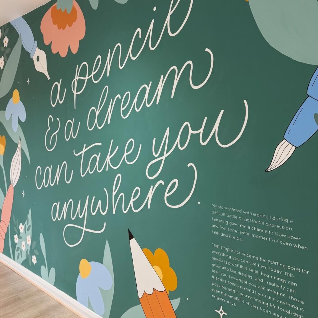 Inspirational mural inside The Makers Millhouse featuring hand-lettered artwork and creative illustrations.