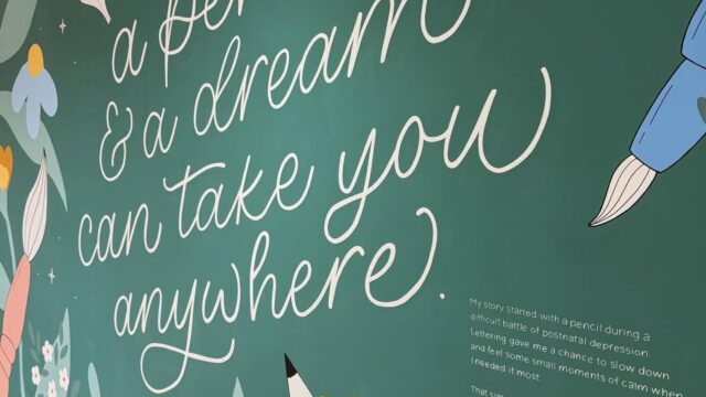 Inspirational mural inside The Makers Millhouse featuring hand-lettered artwork and creative illustrations.