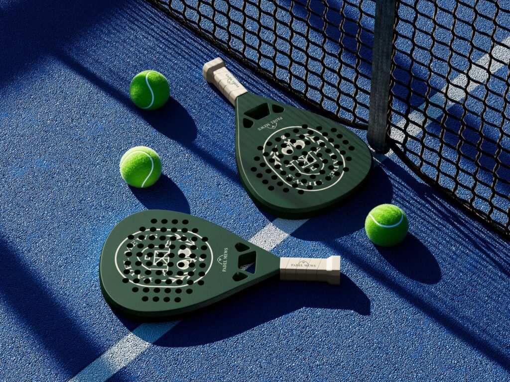 Padel bats and 3 balls on a padel court