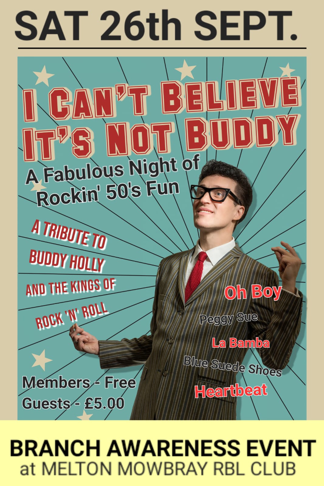 Vintage-style event poster for “I Can’t Believe It’s Not Buddy,” a Buddy Holly tribute night on Saturday 26 September at Melton Mowbray RBL Club, featuring a performer in a striped suit and details of ticket prices.