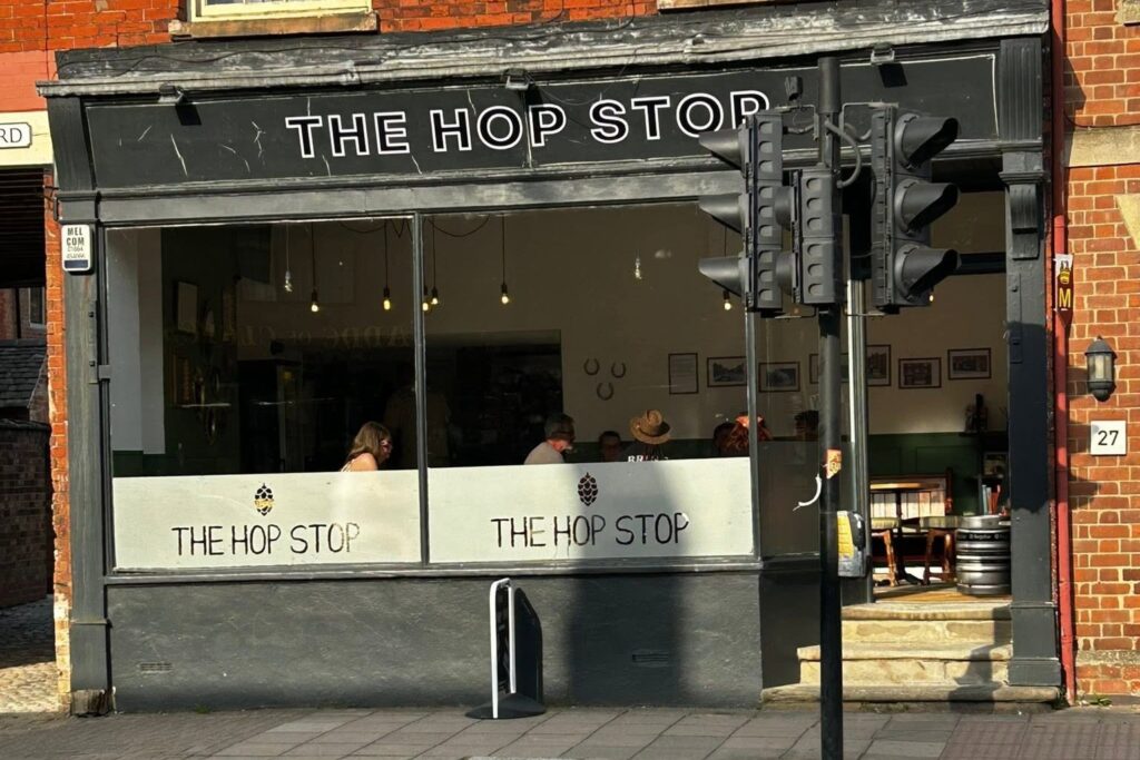 The Hop Stop micropub frontage in Melton Mowbray town centre.