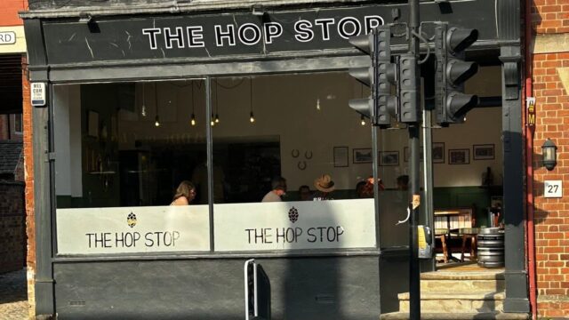 The Hop Stop micropub frontage in Melton Mowbray town centre.