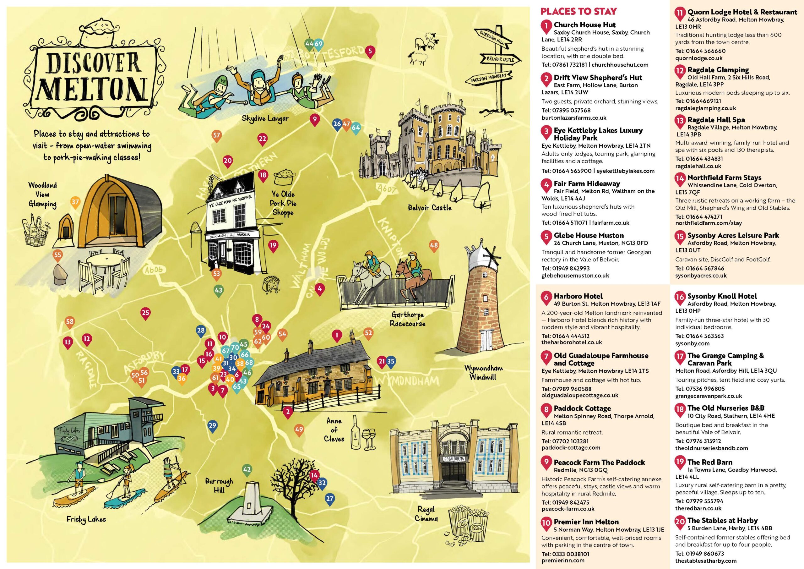 Illustrated map of Melton Mowbray and the surrounding area, highlighting visitor attractions, accommodation, landmarks, outdoor activities, Belvoir Castle, Anne of Cleves pub, Regal Cinema, Wymondham Windmill, and places to stay across the borough.