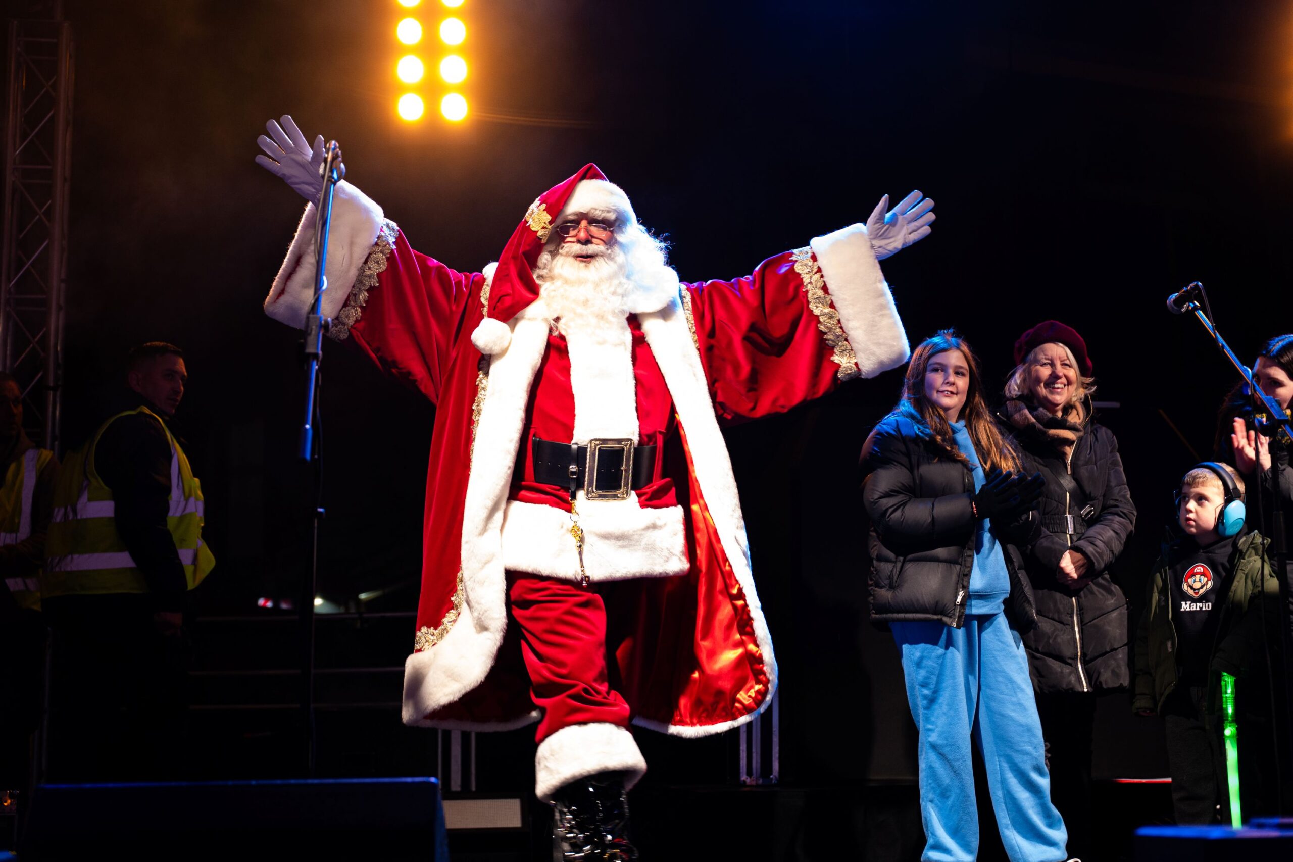 Santa Claus on stage during the Melton Mowbray Christmas lights switch-on event.