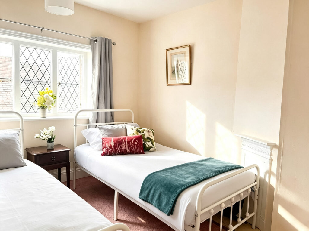 Light twin bedroom with two single beds and window.
